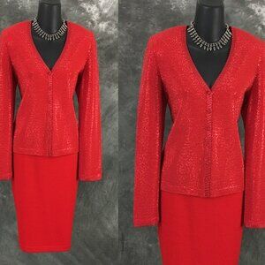 BEAUTIFUL St John evening orange red embellished jacket skirt suit size 8 10